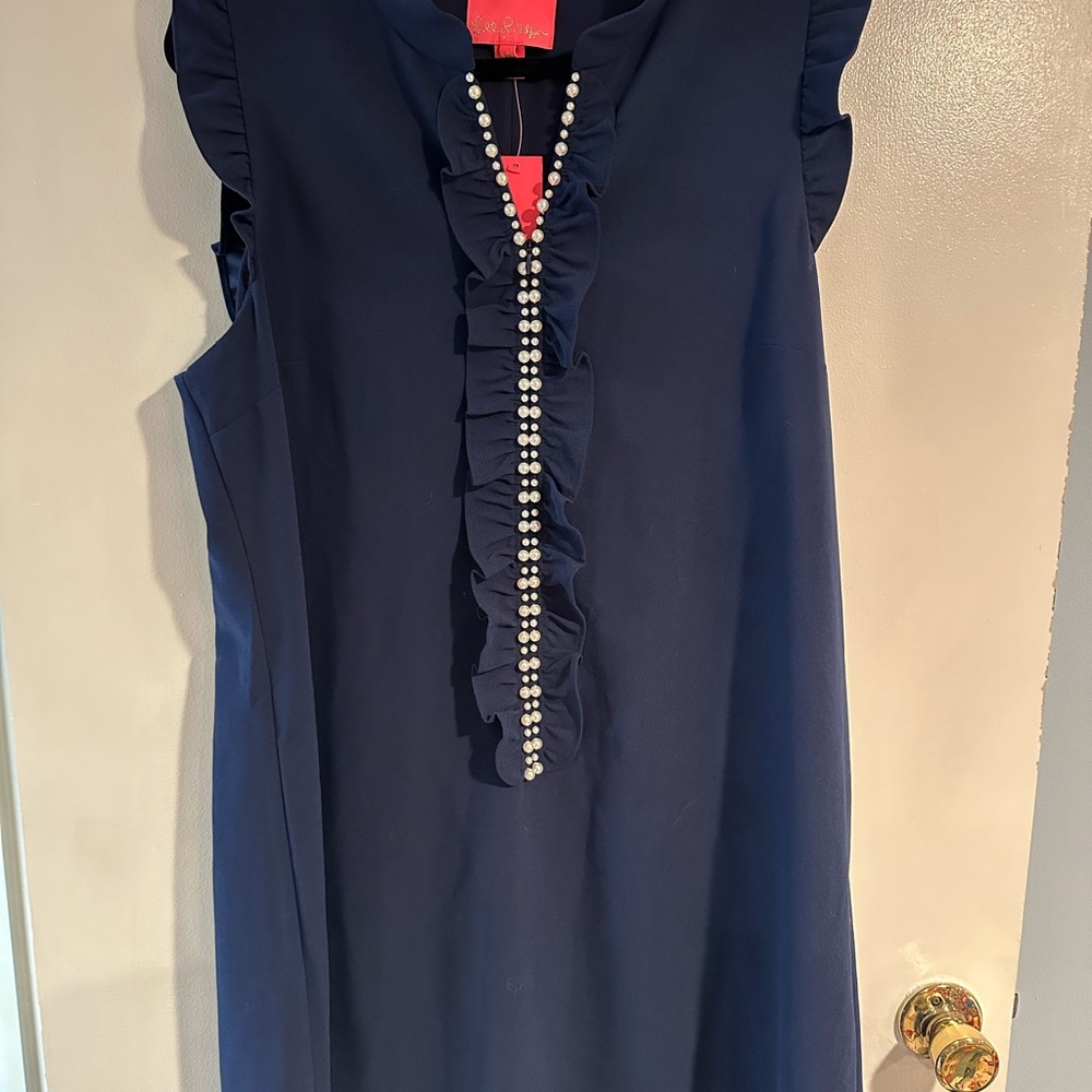 Lilly Adalee shift dress in navy blue with pearl beading